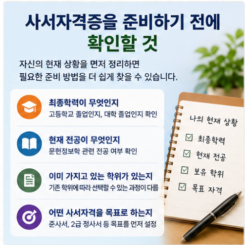 사서자격증 준비 전 최종학력과 현재 전공, 보유 학위, 목표하는 사서자격을 확인하는 방법