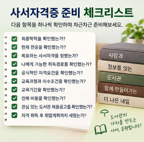 최종학력과 전공, 목표 자격, 취득경로, 공식 자격요건, 교육기간과 비용, 도서관 채용공고를 확인하는 체크리스트