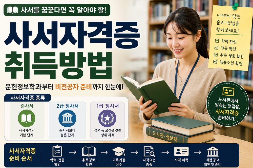 사서자격증 취득방법을 문헌정보학과 진학부터 비전공자의 준비방법과 취득경로까지 소개하는 이미지