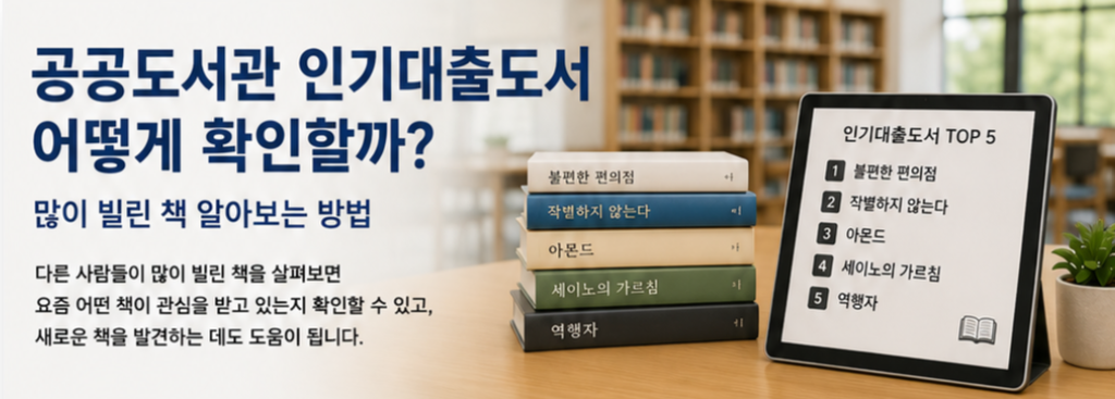 도서관 책상 위에 인기 도서 여러 권과 인기대출도서 TOP 5가 표시된 태블릿을 배치해 공공도서관에서 많이 빌린 책을 알아보는 방법을 소개하는 이미지