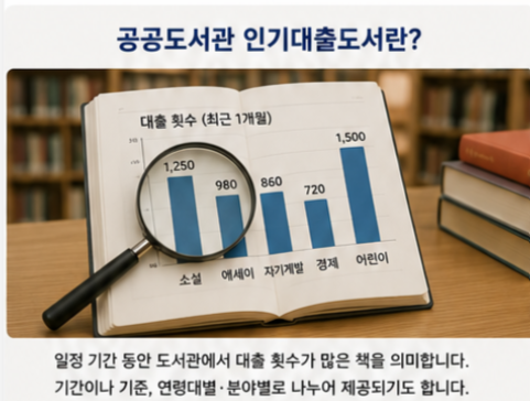책 위에 최근 1개월 동안 소설, 에세이, 자기계발, 경제, 어린이 분야의 대출 횟수를 비교한 막대그래프와 돋보기를 보여주는 이미지