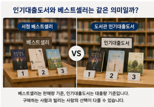판매량을 기준으로 한 서점 베스트셀러와 대출량을 기준으로 한 도서관 인기대출도서 순위를 나란히 비교한 이미지