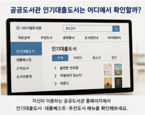 공공도서관 홈페이지 화면에서 인기대출도서와 대출베스트, 추천도서, 신착도서, 도서관통계 메뉴를 확인하는 모습을 보여주는 이미지