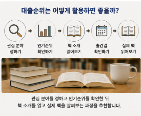 관심 분야 정하기부터 인기순위 확인, 책 소개 읽기, 출간일 확인, 실제 책 읽어보기까지 인기대출도서를 활용해 책을 고르는 과정을 보여주는 이미지