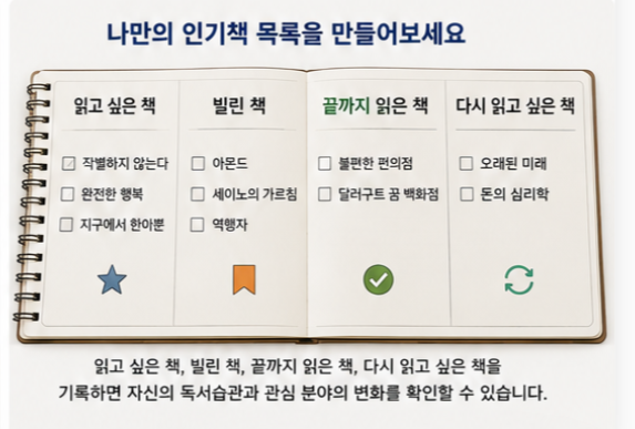 독서 기록장을 읽고 싶은 책, 빌린 책, 끝까지 읽은 책, 다시 읽고 싶은 책으로 나누어 자신만의 인기책 목록을 기록하는 방법을 보여주는 이미지