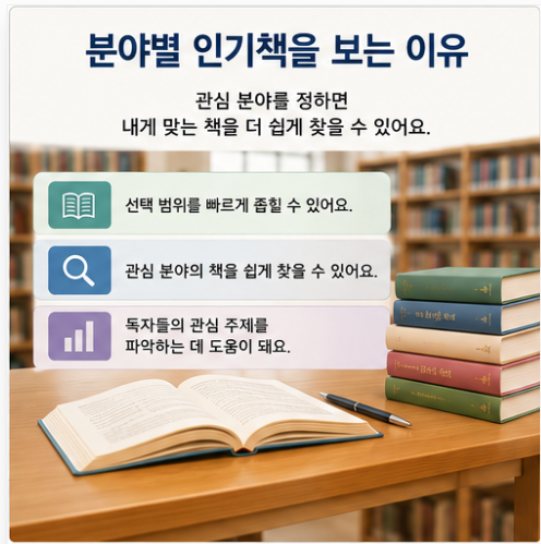 도서관 책상 위 다양한 책과 함께 분야별 인기책을 확인하면 책 선택 범위를 좁히고 독자의 관심 주제를 파악하는 데 도움이 된다는 내용을 보여주는 이미지