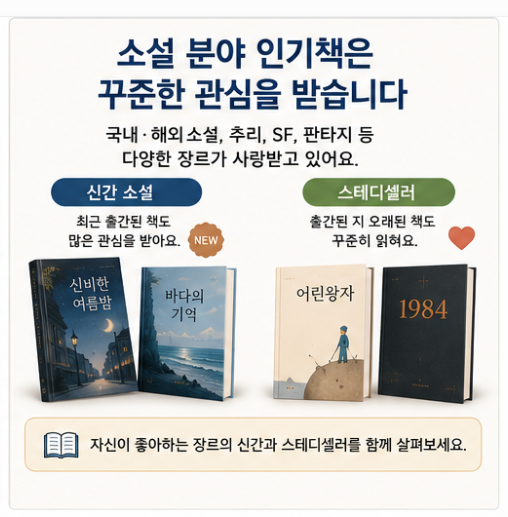 신간 소설과 스테디셀러를 나누어 보여주며 국내외 소설, 추리, SF, 판타지 등 자신의 취향에 맞는 인기 소설을 찾아보는 방법을 소개하는 이미지