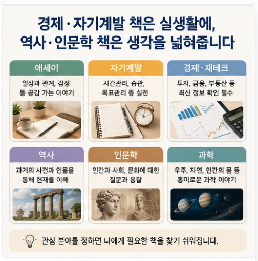 에세이, 자기계발, 경제·재테크, 역사, 인문학, 과학 분야의 특징과 독서 목적을 각각 이미지와 함께 소개하는 분야별 책 안내 이미지