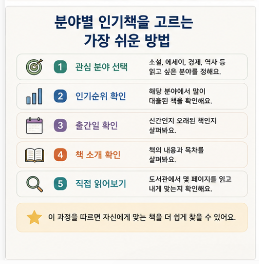 관심 분야 선택, 인기순위 확인, 출간일 확인, 책 소개 확인, 직접 읽어보기 순서로 도서관에서 자신에게 맞는 인기책을 고르는 방법을 보여주는 이미지