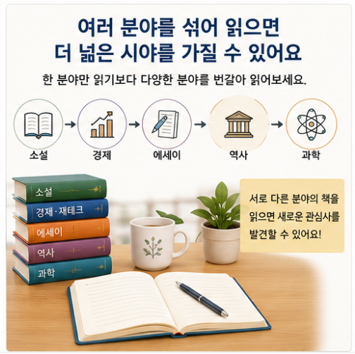 소설, 경제, 에세이, 역사, 과학 등 서로 다른 분야의 책을 번갈아 읽으며 새로운 관심사를 발견하는 독서 방법을 보여주는 이미지
