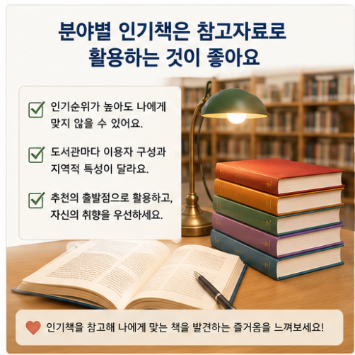 인기순위가 높더라도 자신의 취향과 맞지 않을 수 있으므로 도서관 인기책을 책 선택의 출발점으로 활용하고 개인의 관심을 우선하도록 안내하는 이미지