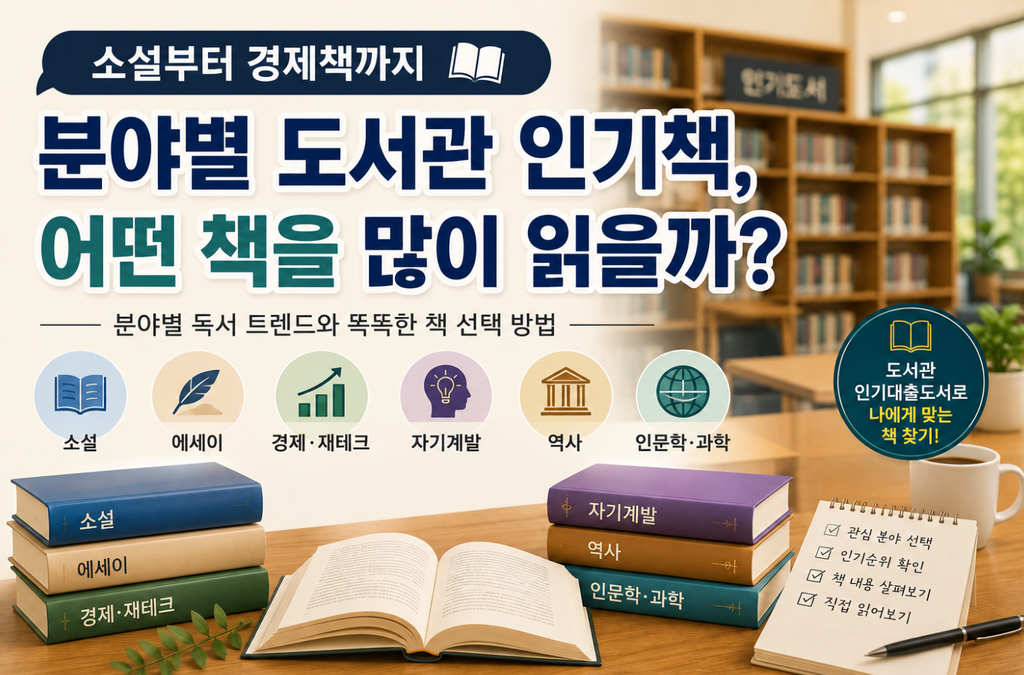 도서관을 배경으로 소설, 에세이, 경제·재테크, 자기계발, 역사, 인문학·과학 등 분야별 인기책과 책 선택 방법을 소개하는 이미지