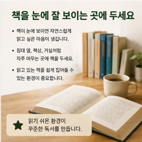 침대 옆이나 책상처럼 눈에 잘 보이는 곳에 책을 두어 자연스럽게 독서를 시작하는 방법
