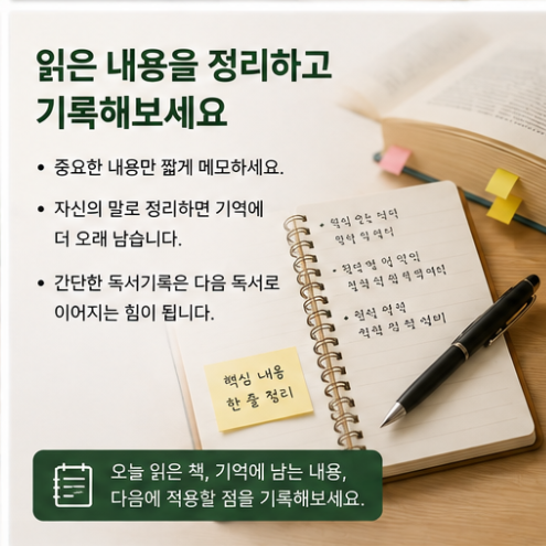오늘 읽은 책과 기억에 남는 내용을 간단하게 기록하며 독서습관을 이어가는 방법