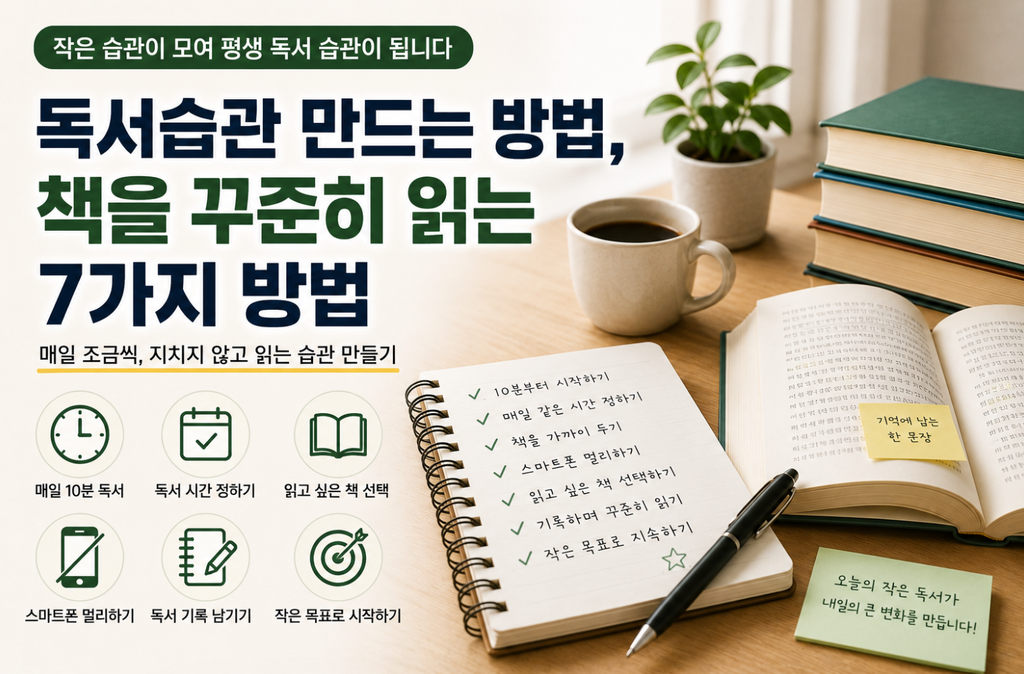독서습관 만드는 방법과 책을 꾸준히 읽기 위한 7가지 실천 방법을 소개하는 이미지