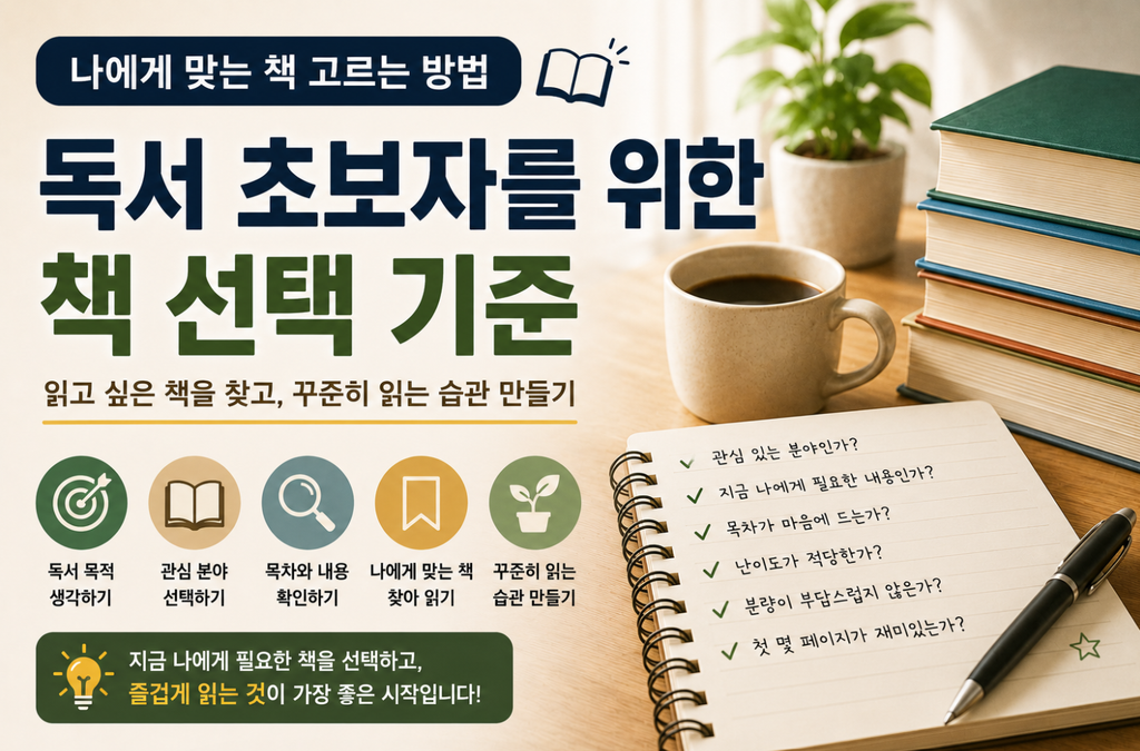 나에게 맞는 책 고르는 방법과 독서 초보자를 위한 책 선택 기준을 소개하는 이미지