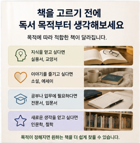 지식과 취미, 새로운 생각, 공부와 업무 등 독서 목적에 따라 나에게 맞는 책을 선택하는 방법