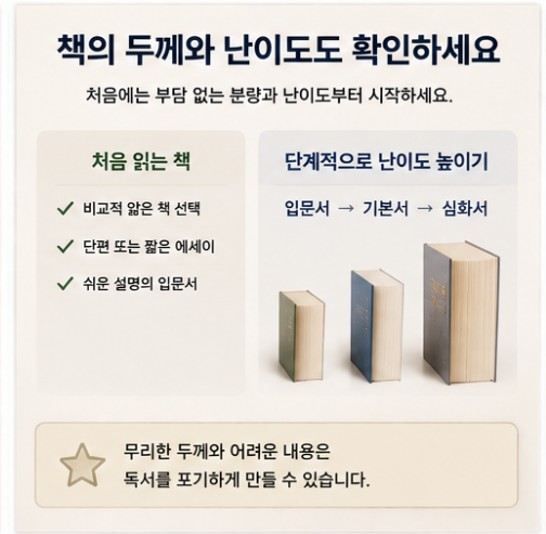 독서 초보자가 자신의 독서 수준에 맞춰 책의 분량과 난이도를 확인하고 입문서부터 선택하는 방법