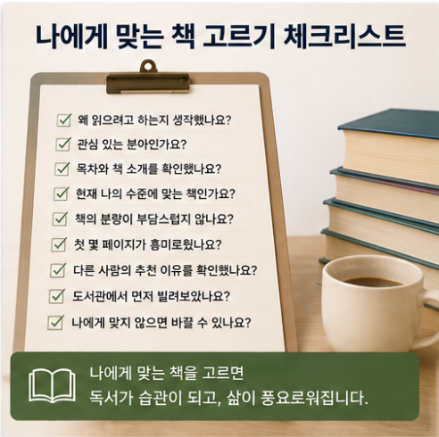 독서 목적과 관심 분야, 목차, 난이도, 책 분량과 첫 페이지 등을 확인하는 책 선택 체크리스트