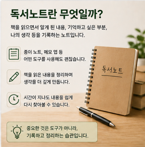 책의 핵심 내용과 기억하고 싶은 부분, 자신의 생각을 기록하는 독서노트의 의미와 활용 방법