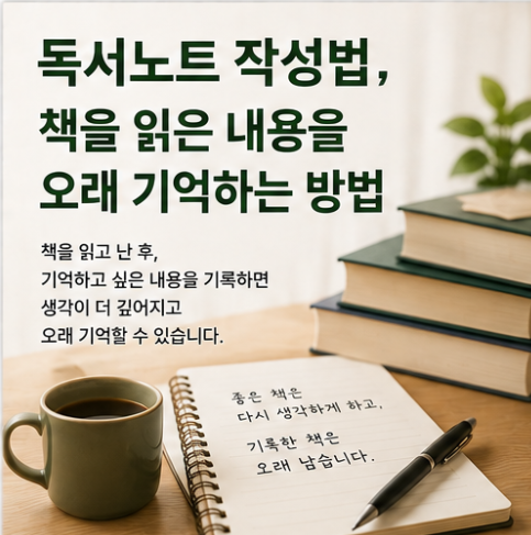 독서노트 작성법과 책을 읽은 내용을 기록해 오래 기억하는 방법을 소개하는 이미지