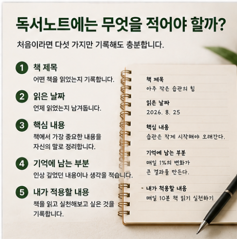 책 제목과 읽은 날짜, 핵심 내용, 기억에 남는 부분, 적용할 내용을 기록하는 독서노트 작성 방법