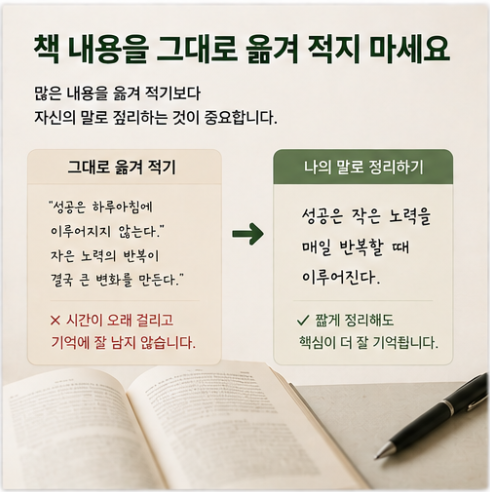 책의 문장을 그대로 옮겨 적기보다 핵심 내용을 자신의 말로 짧게 정리하는 독서노트 작성법