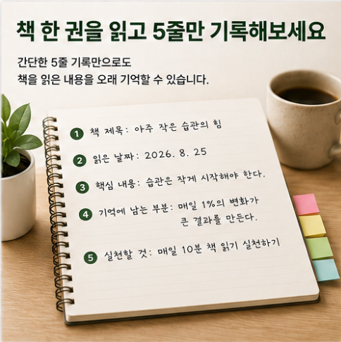 책 제목과 읽은 날짜, 핵심 내용, 기억에 남는 부분과 실천할 것을 5줄로 기록하는 독서노트 예시