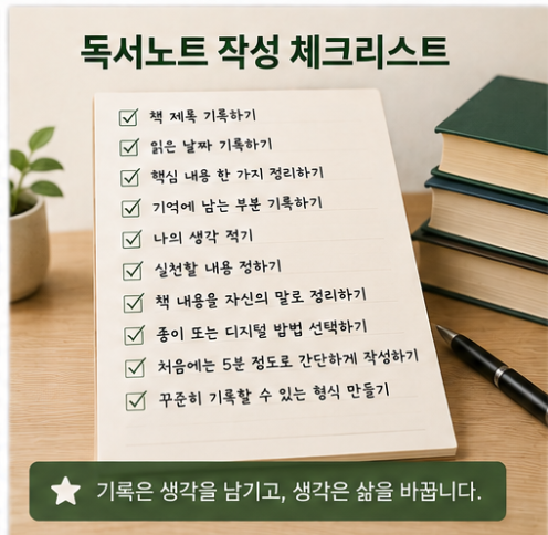 책 제목과 날짜, 핵심 내용과 생각, 실천할 내용을 간단하게 기록하기 위한 독서노트 체크리스트