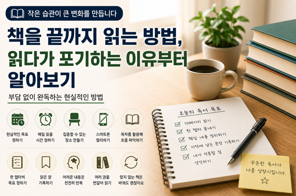 책을 읽다가 포기하는 이유와 부담 없이 한 권을 끝까지 읽는 현실적인 방법을 소개하는 이미지