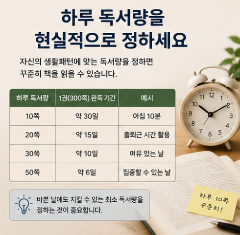 하루 10쪽이나 20쪽처럼 생활패턴에 맞는 현실적인 독서량을 정해 꾸준히 책을 읽는 방법