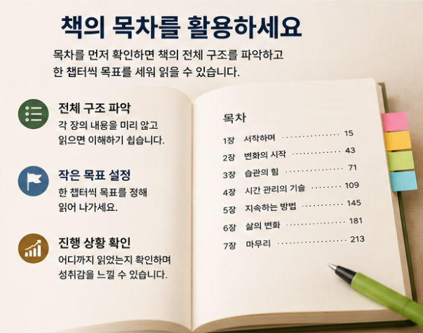 책을 읽기 전에 목차로 전체 구조를 파악하고 한 챕터씩 작은 목표를 세워 읽는 방법