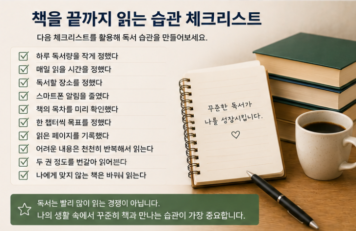독서량과 독서시간, 장소, 스마트폰 알림, 목차와 읽은 페이지 등을 점검하는 완독 습관 체크리스트