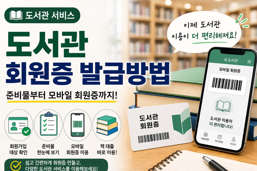 도서관 실물 회원증과 스마트폰 모바일 회원증을 활용해 도서관 회원증 발급방법과 준비물, 모바일 회원증 이용방법을 소개하는 이미지