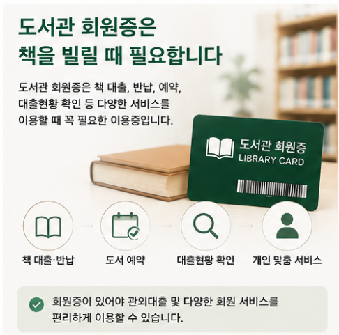 도서관 회원증과 책을 활용해 회원증으로 도서 대출과 반납, 도서예약, 대출현황 확인 등 다양한 회원 서비스를 이용할 수 있음을 설명하는 이미지