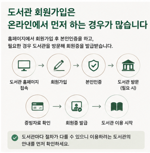 도서관 홈페이지 접속과 회원가입, 본인인증, 필요 시 도서관 방문과 증빙자료 확인을 거쳐 회원증을 발급받는 과정을 보여주는 이미지
