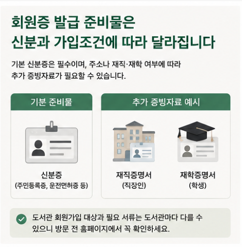 도서관 회원증 발급에 필요한 기본 신분증과 직장인의 재직증명서, 학생의 재학증명서 등 추가 증빙자료 예시를 보여주는 이미지
