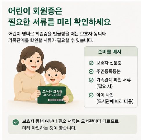 보호자와 어린이가 도서관 회원증을 들고 있으며 보호자 신분증과 주민등록등본, 가족관계 확인서류 등 어린이 회원증 발급 준비물을 안내하는 이미지
