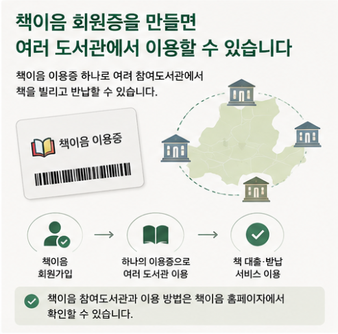 책이음 이용증과 여러 도서관을 연결한 지도를 통해 하나의 책이음 회원증으로 여러 참여도서관에서 책을 빌리고 반납할 수 있음을 설명하는 이미지