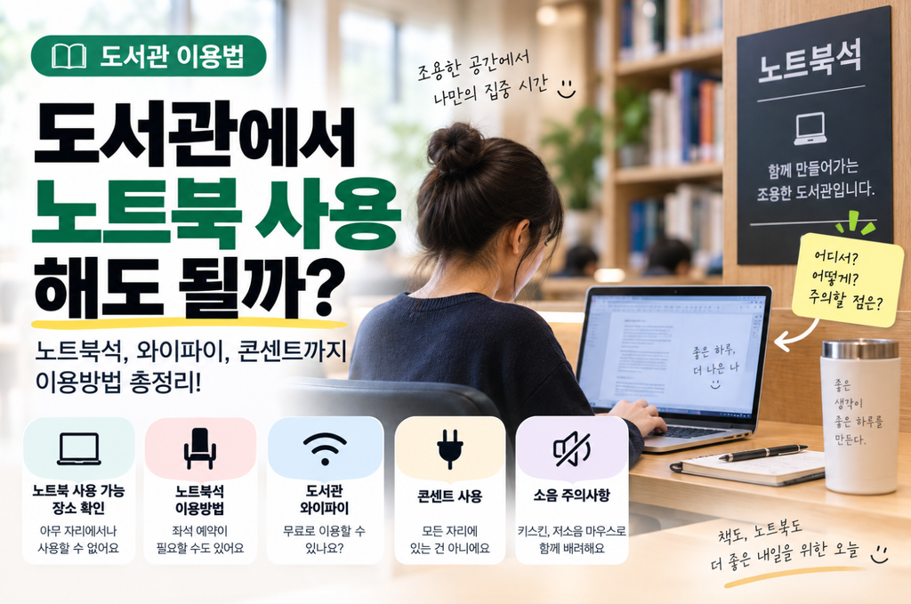도서관 노트북석에서 노트북을 사용하는 모습과 노트북 사용 가능 장소, 좌석 이용, 와이파이, 콘센트, 소음 주의사항을 안내하는 이미지