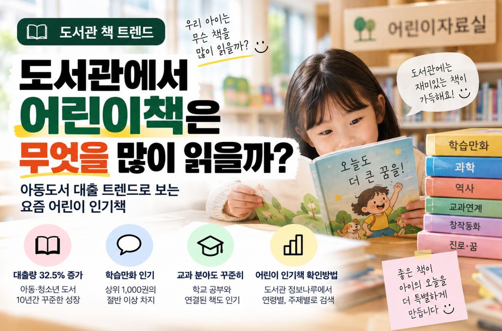 어린이자료실에서 아이가 책을 읽는 모습과 아동·청소년 도서 대출량 증가, 학습만화 인기, 교과 연계 도서, 도서관 정보나루를 활용한 어린이 인기책 확인방법을 소개하는 이미지
