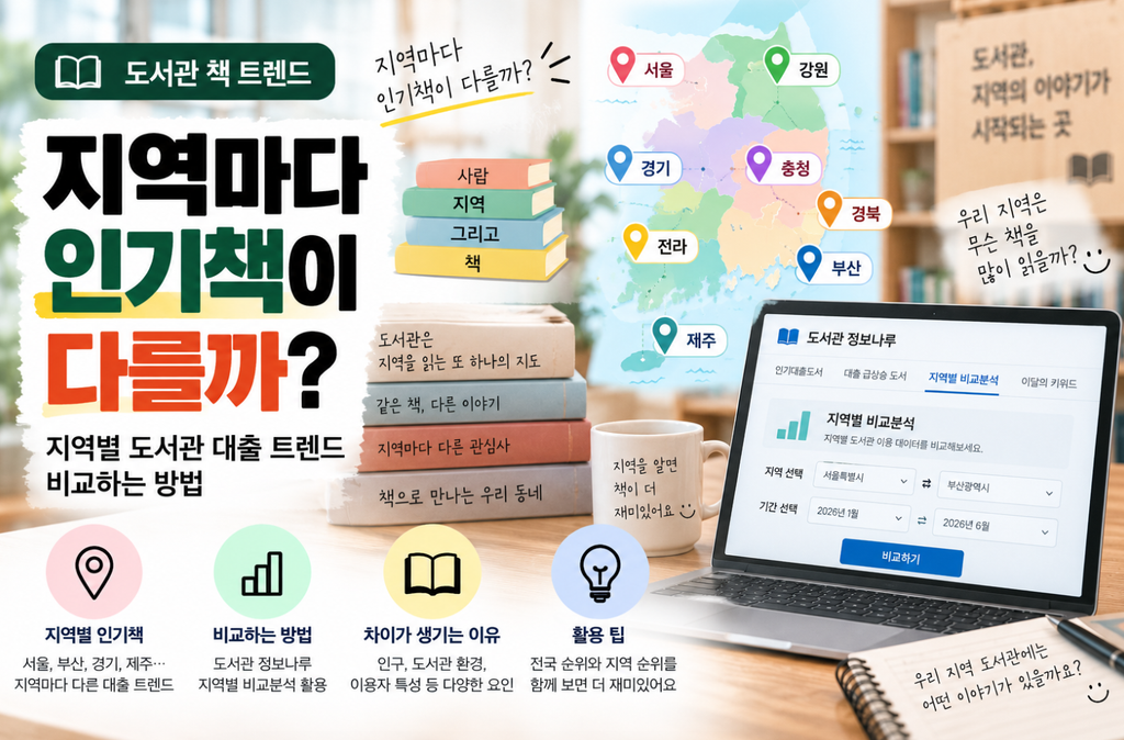 대한민국 지도와 도서관 정보나루 지역별 비교분석 화면을 활용해 서울, 경기, 강원, 부산, 제주 등 지역별 도서관 인기책과 대출 트렌드를 비교하는 방법을 소개하는 이미지