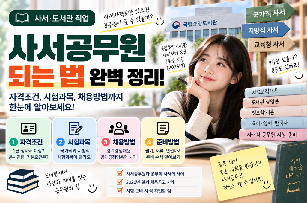 국립중앙도서관과 국가직·지방직·교육청 사서 채용을 배경으로 사서공무원 되는 법과 2급 정사서 등 자격조건, 시험과목, 채용방법, 필기·서류·면접 준비과정을 소개하는 이미지