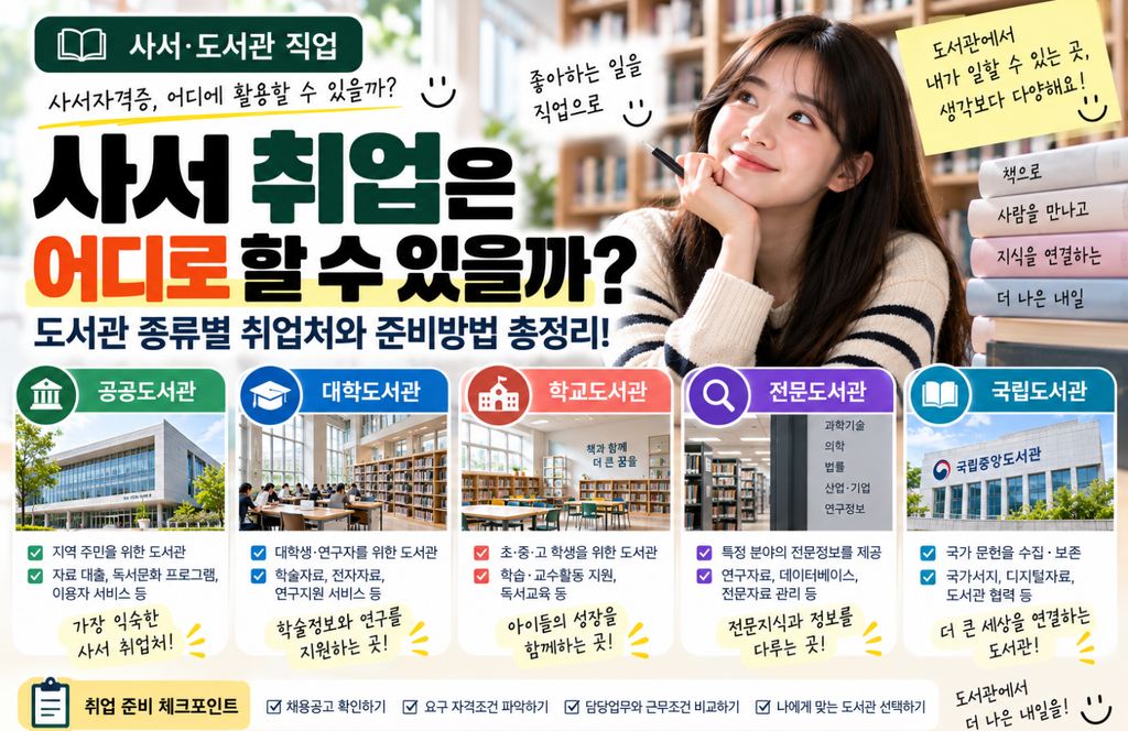 공공도서관, 대학도서관, 학교도서관, 전문도서관, 국립도서관 등 사서가 취업할 수 있는 다양한 도서관 유형과 주요 업무, 채용공고·자격조건·근무조건 등 취업 준비방법을 소개하는 이미지