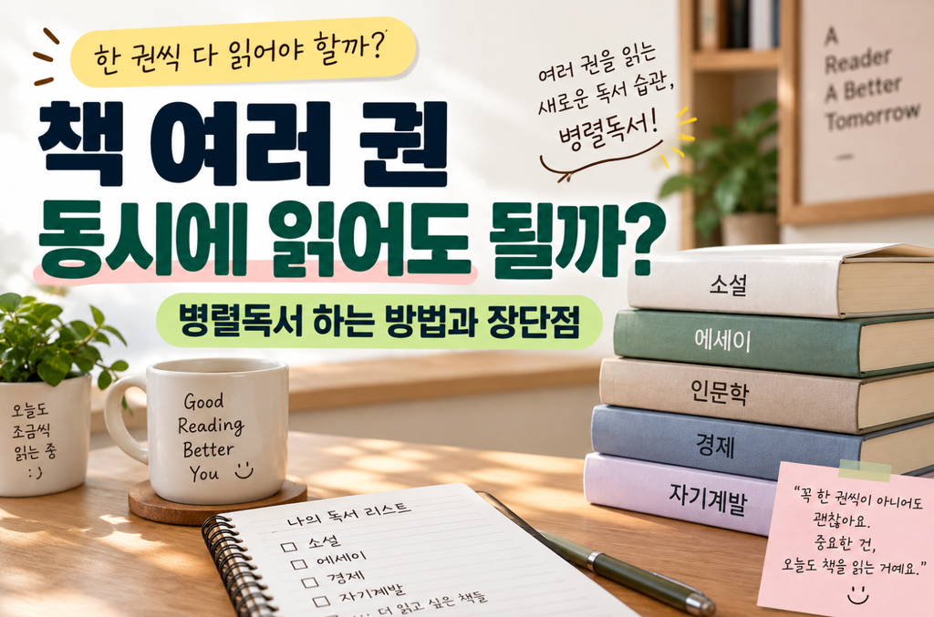 책 여러 권을 동시에 읽는 병렬독서의 방법과 장단점을 소설, 에세이, 인문학, 경제 등 다양한 분야의 책과 함께 소개하는 이미지