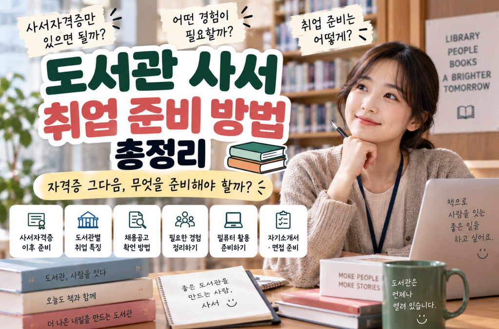 사서자격증 이후 도서관별 취업 특징과 채용공고 확인, 필요한 경험, 컴퓨터 활용, 자기소개서와 면접 등 사서 취업 준비 방법을 소개하는 이미지