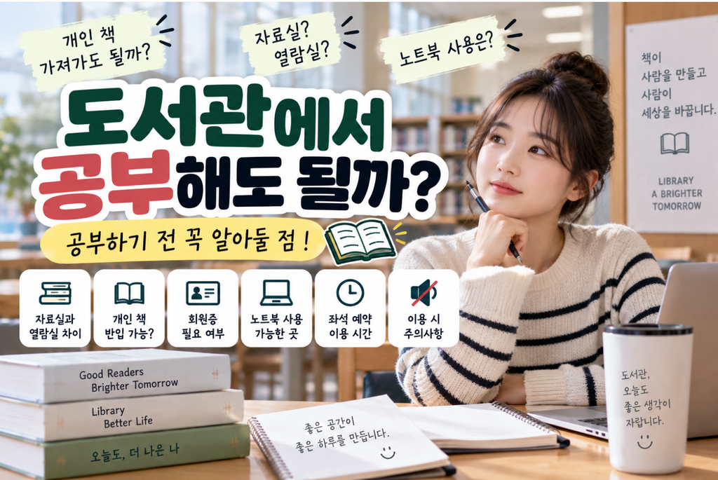 도서관에서 공부하는 모습과 함께 자료실·열람실 차이, 개인 책 반입, 회원증, 노트북 사용, 좌석 예약과 이용 시 주의사항을 소개하는 이미지