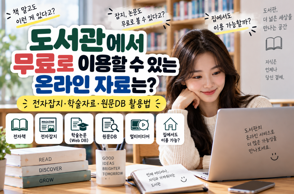 도서관에서 무료로 이용할 수 있는 전자책, 전자잡지, 학술논문, 원문DB 등 다양한 온라인 자료와 집에서 이용 가능한 디지털 서비스를 소개하는 이미지