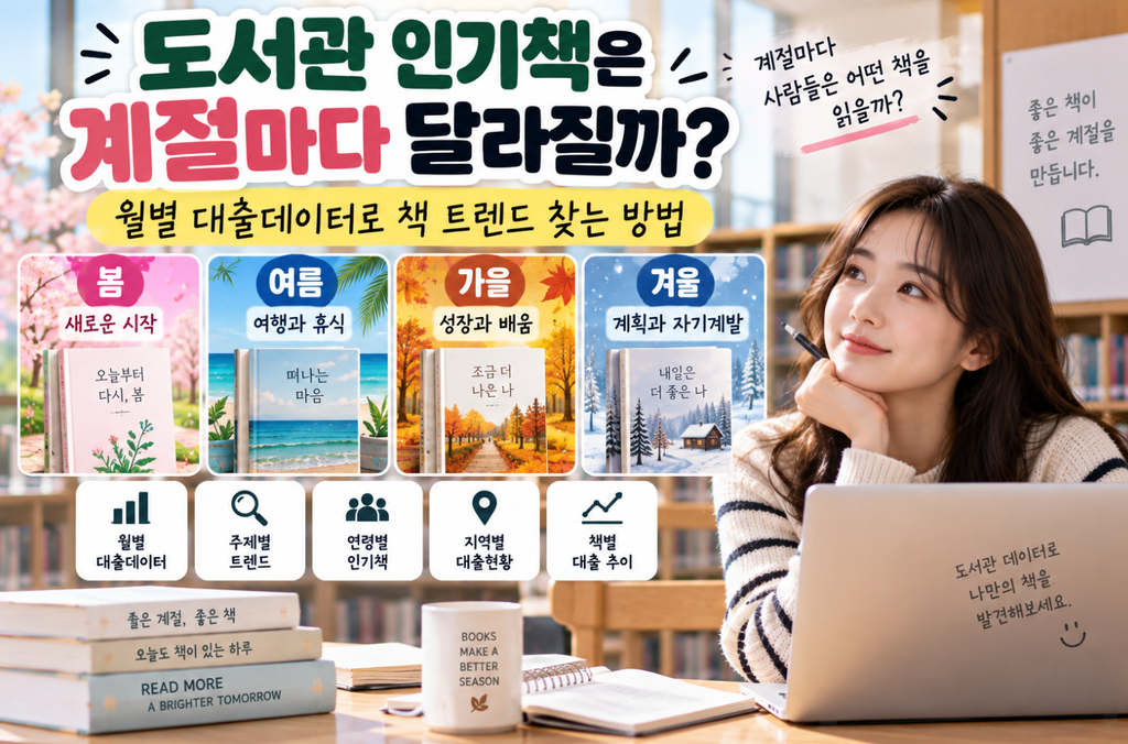 도서관 인기책의 봄·여름·가을·겨울 계절별 변화와 월별 대출데이터, 주제·연령·지역별 인기책 및 책별 대출 추이를 활용해 독서 트렌드를 찾는 방법을 소개하는 이미지
