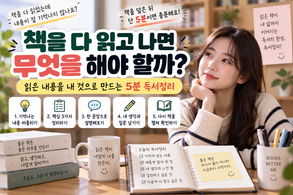 책을 다 읽은 뒤 기억나는 내용 떠올리기, 핵심 내용 정리, 한 문장 요약, 생각과 질문 기록 등 5분 독서정리 방법을 소개하는 이미지